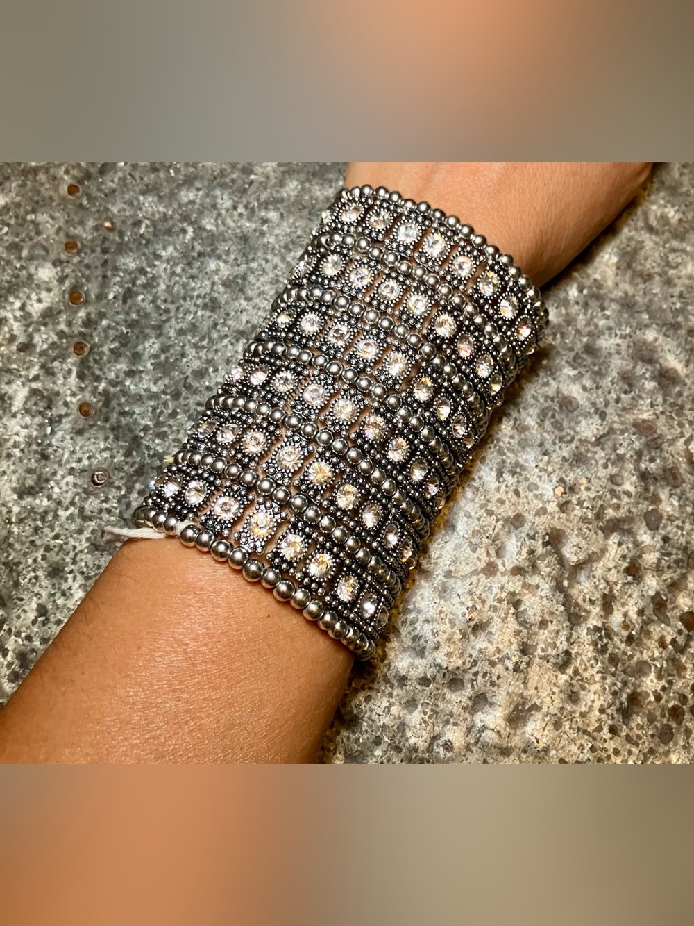 4" Extra Wide Silver Stretch Cuff Bracelet – Rhinestone Statement Armor Band